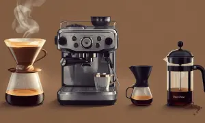 Verschiedene Kaffeezubereitungsarten: Filterkaffee, Espressomaschine und French Press.
