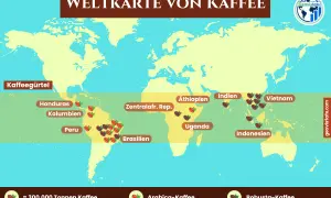 Weltkarte zeigt, wo wachsen kaffeebohnen: Kaffee-Gürtel in Südamerika, Afrika und Asien. Länder wie Brasilien, Kolumbien, Äthiopien, Vietnam.