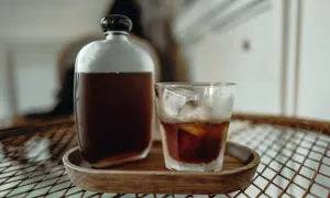 Kühl und erfrischend: Ein Glas Cold Brew mit Eiswürfeln neben einer Karaffe. Wie lange ziehen lassen für perfekten Geschmack?