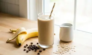 Ein cremiger Kaffee-Shake mit Banane, Haferflocken und Kaffeebohnen auf einem Holztisch.
