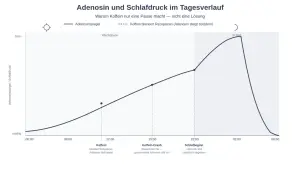 Grafik zeigt den Adenosinspiegel über den Tag. Koffein blockiert Rezeptoren, aber Adenosin steigt weiter. Die Wirkung von Koffein hält nur kurz an, bevor der "Koffein-Crash" eintritt.