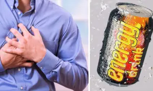 Mann hält sich die Brust, dane eine Dose Energydrink. Wie viel Koffein um wach zu werden?