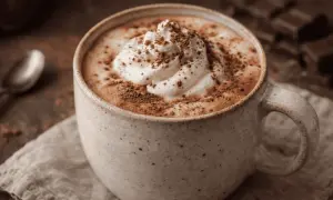 Eine Tasse cremiger Café Mocha mit Sahne und Kakaopulver, bereit zum Genießen.