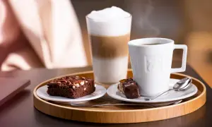 Ein Genussmoment: Dampfender Kaffee, ein Schoko-Brownie und ein Latte Macchiato, der zeigt, was ist cappuccino.