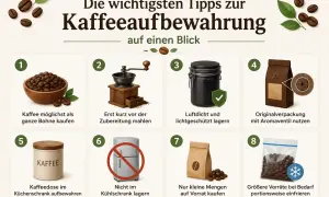 Tipps zur Kaffeeaufbewahrung: ganze Bohnen kaufen, frisch mahlen, luftdicht lagern, nicht im Kühlschrank. So bleiben die Bohnen lange frisch.
