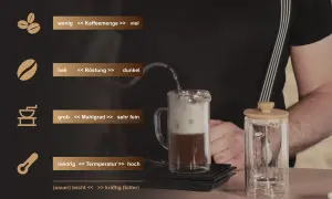 Zubereitung von French Press Kaffee: Die Kaffeemenge wird angepasst. Wasser wird in die Kanne gegossen.