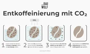 Entkoffeinierung mit CO₂: Bohnen werden erst in Wasser gelegt, dann mit CO₂ gespült, um Koffein zu lösen. Ergebnis: koffeinfreier Kaffee.