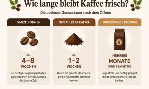 Ganze Kaffeebohnen bleiben bei richtiger Lagerung 4-8 Wochen frisch. Gemahlener Kaffee nur 1-2 Wochen. Ungeöffnete Packungen halten Monate.