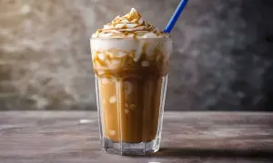 Ein erfrischender iced caramel macchiato mit Sahne und Karamellsauce, bereit zum Genießen.