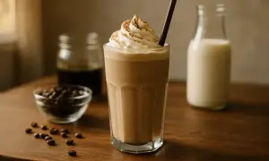 Ein cremiger Kaffee Milchshake mit Sahnehaube und Kakaopulver, daneben Kaffeebohnen und Milch.