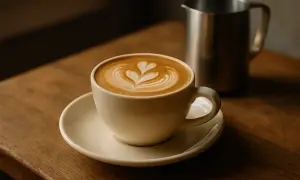 Ein cremiger iced flat white mit Latte Art auf einem Holztisch.