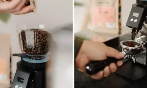 Kaffee schmeckt sauer vollautomat. Frische Bohnen werden gemahlen, um den perfekten Espresso zuzubereiten.
