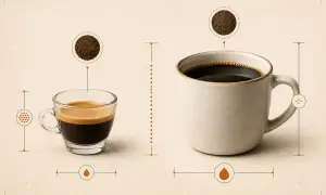 Vergleich: kleiner Espresso mit Crema und großer Kaffee. Der Unterschied zwischen Americano und Kaffee wird hier visuell erklärt.