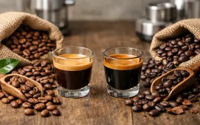 Zwei Espressi mit Crema, umgeben von gerösteten Kaffeebohnen in Säcken und Schaufeln. Verschiedene Kaffeearten, die zum Genuss einladen.