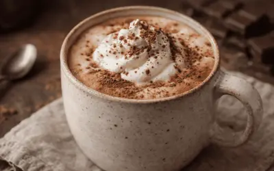 Eine Tasse cremiger Café Mocha mit Sahne und Kakaopulver, bereit zum Genießen.