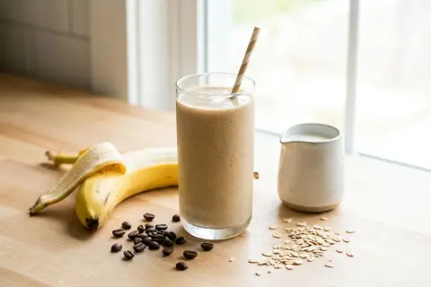 Ein cremiger Kaffee-Shake mit Banane, Haferflocken und Kaffeebohnen auf einem Holztisch.