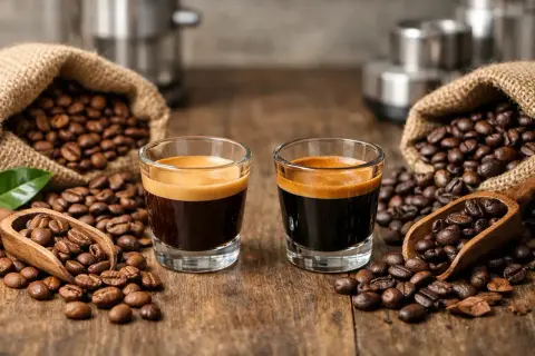 Zwei Espressi mit Crema, umgeben von gerösteten Kaffeebohnen in Säcken und Schaufeln. Verschiedene Kaffeearten, die zum Genuss einladen.
