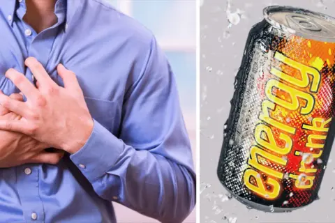 Mann hält sich die Brust, dane eine Dose Energydrink. Wie viel Koffein um wach zu werden?