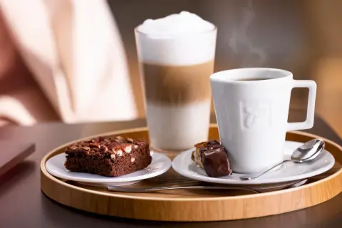 Ein Genussmoment: Dampfender Kaffee, ein Schoko-Brownie und ein Latte Macchiato, der zeigt, was ist cappuccino.