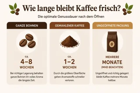 Ganze Kaffeebohnen bleiben bei richtiger Lagerung 4-8 Wochen frisch. Gemahlener Kaffee nur 1-2 Wochen. Ungeöffnete Packungen halten Monate.