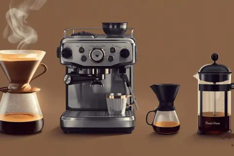 Drei Geräte zeigen die Vielfalt der Kaffeezubereitung: Filterkaffee, Espressomaschine und French Press. Entdecke die Kaffee Unterschiede!