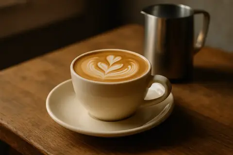 Ein cremiger iced flat white mit Latte Art auf einem Holztisch.