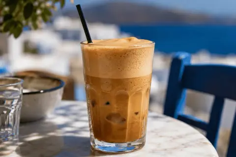 Eisgekühlter Frappe mit viel Schaum, perfekt zum frappe selber machen an einem sonnigen Tag.