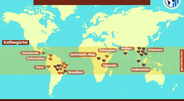 Weltkarte zeigt, wo wachsen kaffeebohnen: Kaffee-Gürtel in Südamerika, Afrika und Asien. Länder wie Brasilien, Kolumbien, Äthiopien, Vietnam.