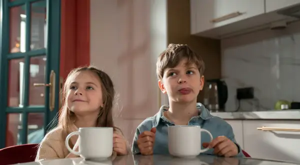 Zwei Kinder mit Tassen, die sich fragen, ab welchem Alter man Kaffee trinken darf. Der Junge leckt sich die Lippen.