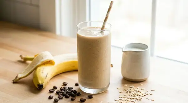 Ein cremiger Kaffee-Shake mit Banane, Haferflocken und Kaffeebohnen auf einem Holztisch.
