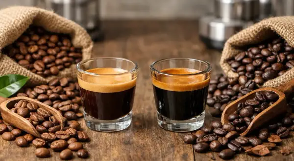 Zwei Espressi mit Crema, umgeben von gerösteten Kaffeebohnen in Säcken und Schaufeln. Verschiedene Kaffeearten, die zum Genuss einladen.