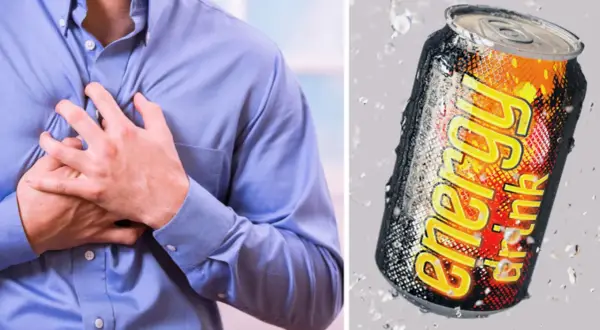 Mann hält sich die Brust, dane eine Dose Energydrink. Wie viel Koffein um wach zu werden?