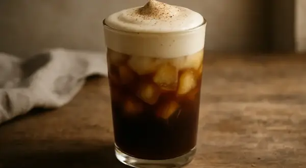 Ein erfrischender Eiskaffee mit Vanille und cremigem Schaum, perfekt für heiße Tage.