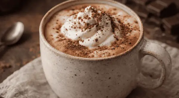 Eine Tasse cremiger Café Mocha mit Sahne und Kakaopulver, bereit zum Genießen.