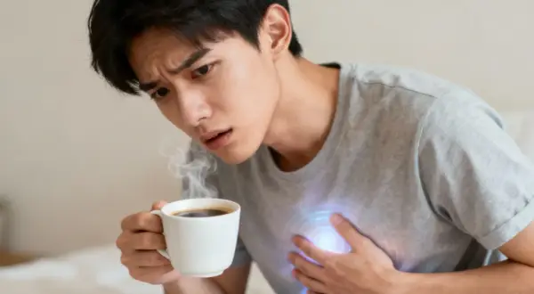 Junger Mann hält dampfenden Kaffee, aber sein Gesichtsausdruck zeigt, dass Koffein nicht wirkt. Er fasst sich ans Herz, wo blaue Ringe auf Schmerz hindeuten.