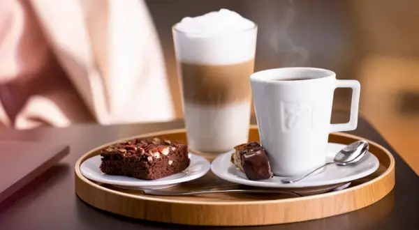 Ein Genussmoment: Dampfender Kaffee, ein Schoko-Brownie und ein Latte Macchiato, der zeigt, was ist cappuccino.