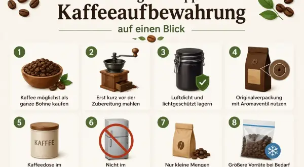Tipps zur Kaffeeaufbewahrung: ganze Bohnen kaufen, frisch mahlen, luftdicht lagern, nicht im Kühlschrank. So bleiben die Bohnen lange frisch.
