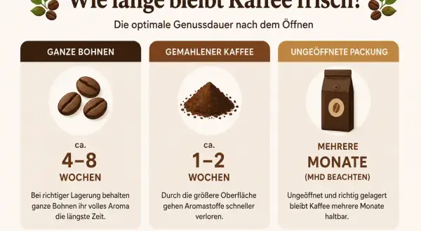 Ganze Kaffeebohnen bleiben bei richtiger Lagerung 4-8 Wochen frisch. Gemahlener Kaffee nur 1-2 Wochen. Ungeöffnete Packungen halten Monate.