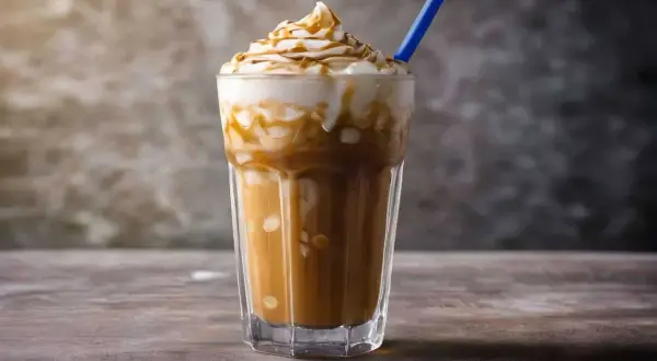 Ein erfrischender iced caramel macchiato mit Sahne und Karamellsauce, bereit zum Genießen.
