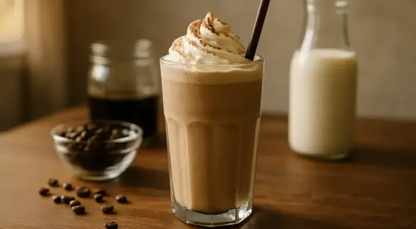 Ein cremiger Kaffee Milchshake mit Sahnehaube und Kakaopulver, daneben Kaffeebohnen und Milch.
