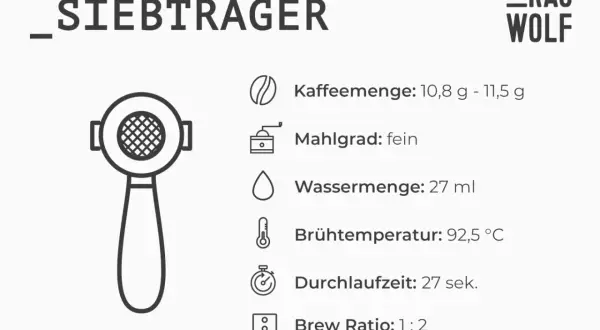 Siebträger-Espresso: feiner Mahlgrad für perfekte Crema, 10,8-11,5g Kaffee, 27ml Wasser, 92,5°C, 27 Sek.