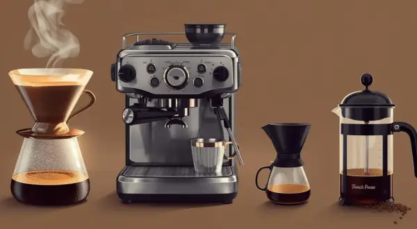 Drei Geräte zeigen die Vielfalt der Kaffeezubereitung: Filterkaffee, Espressomaschine und French Press. Entdecke die Kaffee Unterschiede!