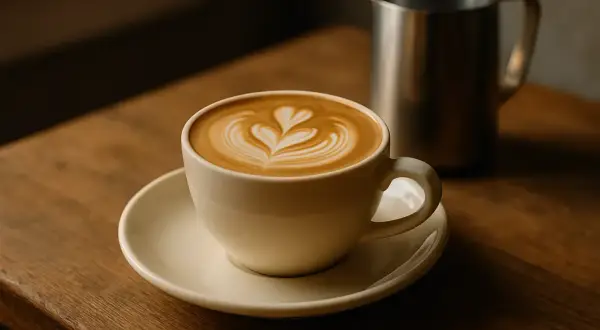 Ein cremiger iced flat white mit Latte Art auf einem Holztisch.