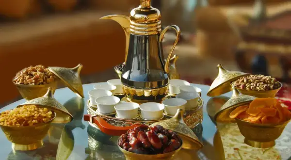 Elegante arabischer kaffee zubereitung mit Dallah, kleinen Tassen und Schalen voller Datteln, Nüssen und Trockenfrüchten.