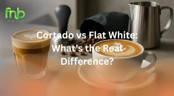 Zwei Kaffeegetränke, ein Cortado im Glas und ein Flat White in Tasse, zeigen den Unterschied zwischen Cortado vs Flat White.
