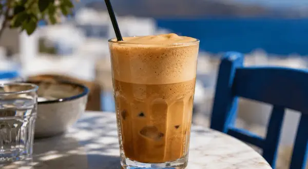 Eisgekühlter Frappe mit viel Schaum, perfekt zum frappe selber machen an einem sonnigen Tag.
