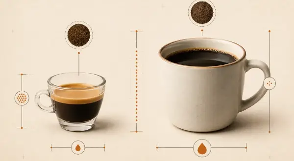 Vergleich: kleiner Espresso mit Crema und großer Kaffee. Der Unterschied zwischen Americano und Kaffee wird hier visuell erklärt.