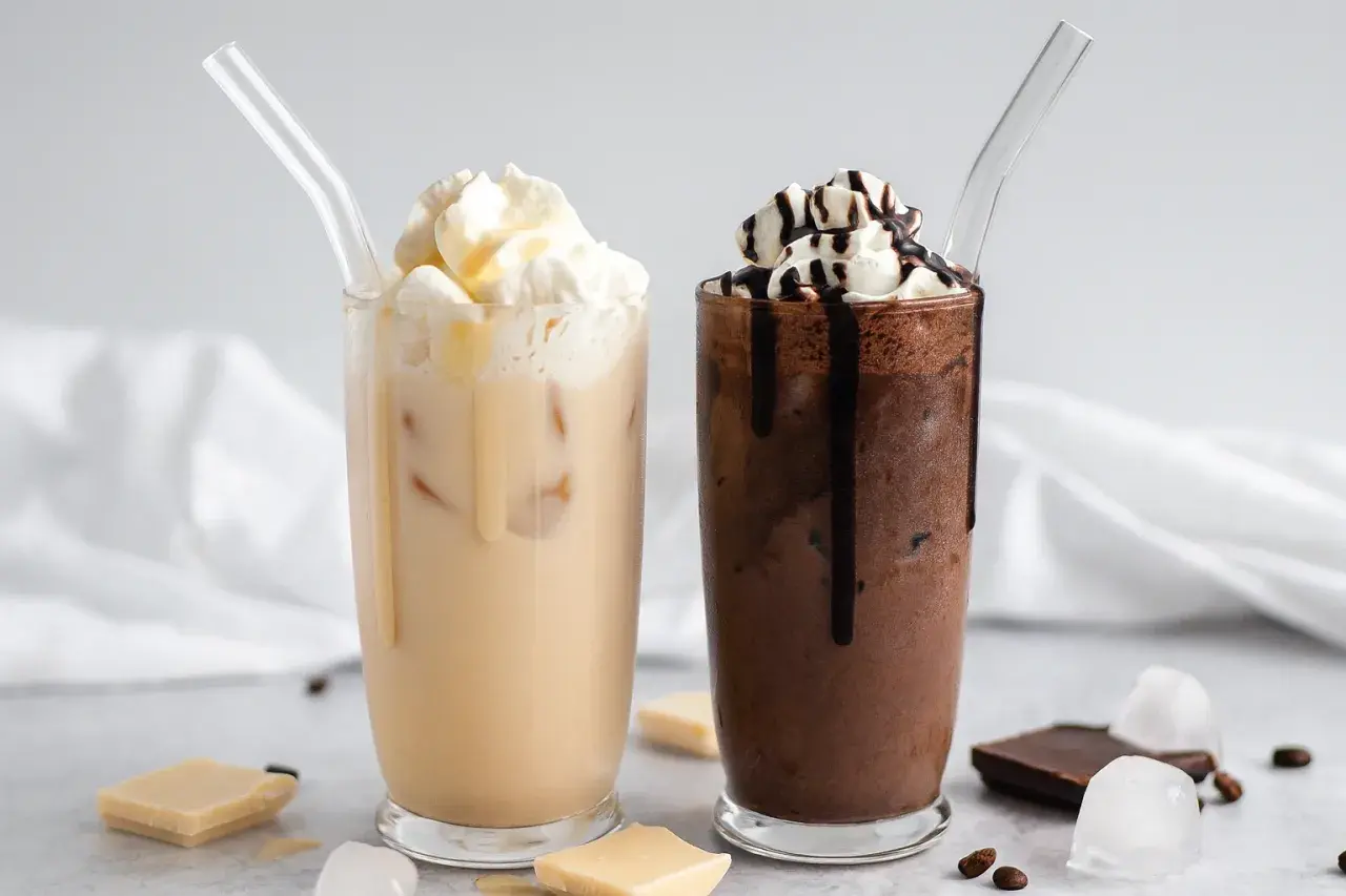 Zwei eisgekühlte Getränke, ein heller und ein dunkler, mit Sahne und Schokoladensauce. Perfekt für Caffè Mocha Rezepte.