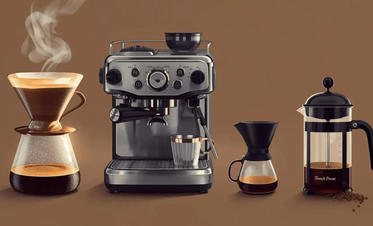 Verschiedene Kaffeezubereitungsarten: Filterkaffee, Espressomaschine und French Press.
