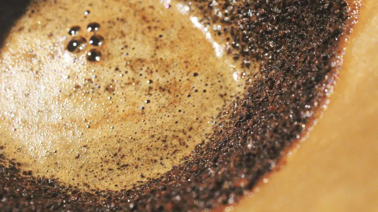 Nahaufnahme von frisch gebrühtem Filterkaffee mit cremigem Schaum und Kaffeesatz. So entsteht der köstliche Geschmack von Filterkaffee.